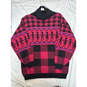 Vintage L. Simsbury Black Pink Houndstooth 80's Turtleneck Sweater M Acrylic